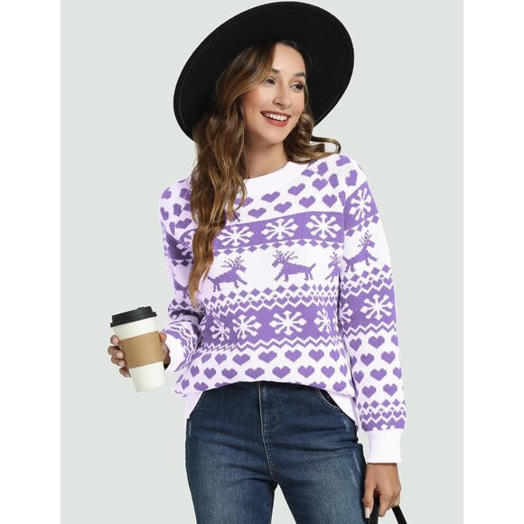 Women Ugly Christmas Purple Sweater Reindeer Snowflake Knit Pullover Crew Neck - Picture 6 of 6
